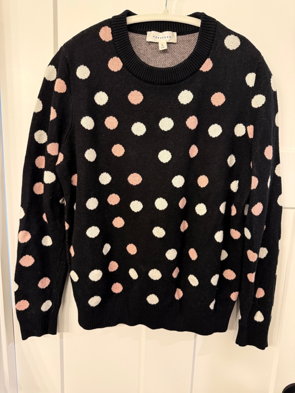 POPSUGAR Black Crewneck Sweater with White & Pink Polka Dots